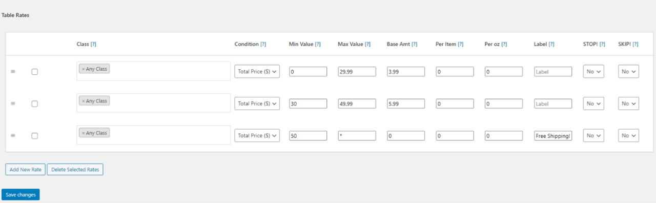 WooCommerce Table Rate Shipping - Rules