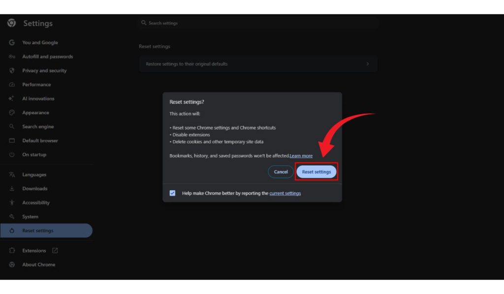 Reset Chrome to Default Settings