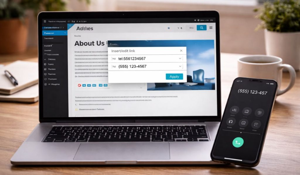 A laptop showing the WordPress "Insert link" popup with a tel protocol URL and a smartphone displaying a dialed number.