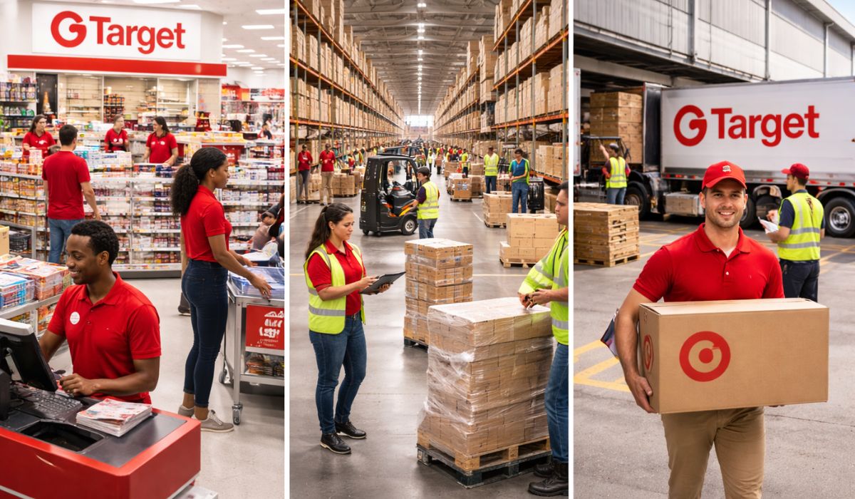 Three-panel collage showing Target employees working as a cashier in a retail store, a warehouse technician in a distribution center, and a logistics driver with a delivery truck.