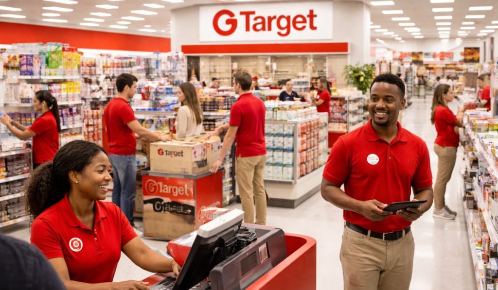 Group of Target Corporation employees in red uniforms working at a retail store checkout and stocking shelves.