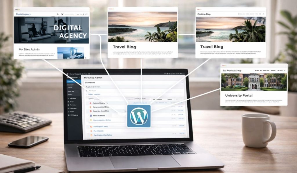 A laptop displaying a WordPress Multisite dashboard connected to various website previews like a travel blog and digital agency.