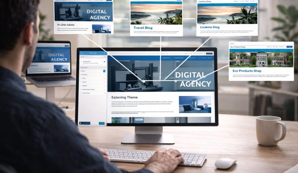 A web developer editing a WordPress theme on a desktop monitor with a network of multiple sites connected to the main screen.